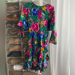 Colorful Floral Print Long Sleeve Dress with Unique Puff Sleeves and Ruffles